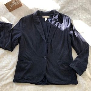 EUC Chico Navy White Polka Dot Lined Blazer Jacket Button Pockets Flattering